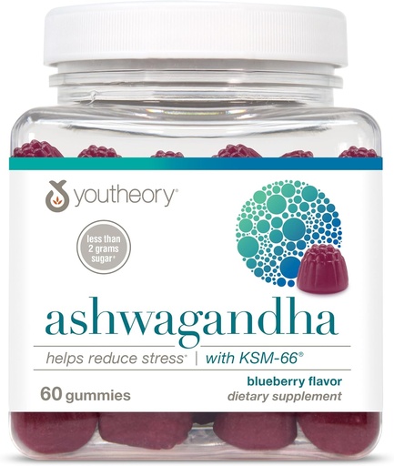 [BRSROEICOR7AYDL2] Youtheory Ashwagandha - Vegetarian Energy & Stress Support Supplement with Organic KSM-66 & Ginger Extract - Low Sugar - Blueberry, 60 Gummies (30-Day Supply)
