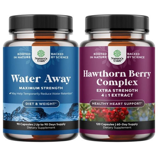 [BRSROCTQA55BOYAZ] Bundle of Water Away Fluid Retention with Dandelion Leaf Extract & Green Tea for Bloating Relief and High Strength Hawthorn Berry Capsules with Leaf & Flower Extract 4:1 for Healthy Heart & Digestion