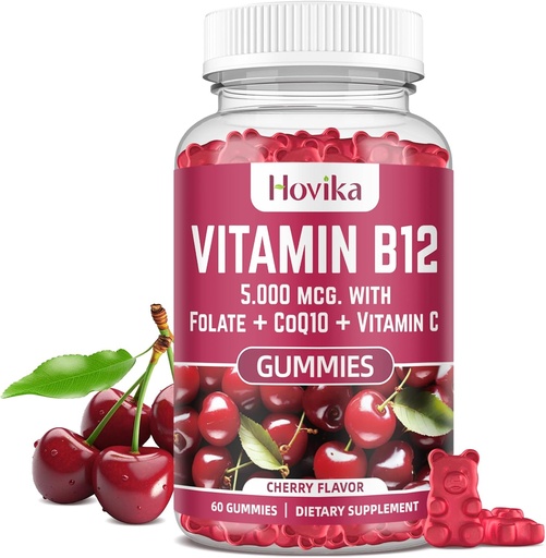 [BRSRA2YQPNYRUADV] Vitamin B12 Complex 5000 mcg Methyl B12, Adenosyl B12 & Hydroxy B12, with Coenzyme Q10, Folate, Vitamin C, Chewable B 12 for Energy Support, Metabolism, Bone Health - Cherry Flavor