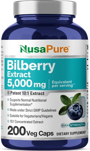 [BRSWYBQYC4DWA23H] NusaPure Bilberry Extracto 5,000mg 200 gorros vegetarianos (No-GMO, Vegan)