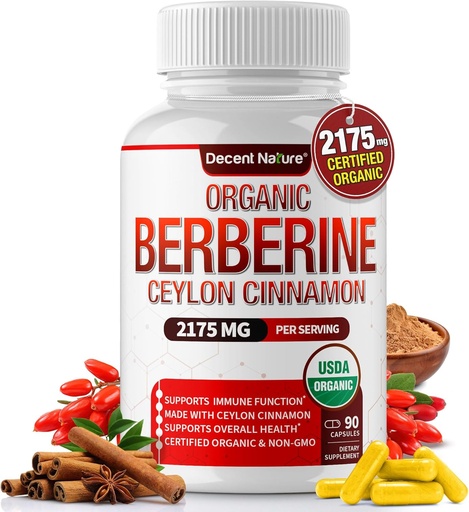 [BRSRAZYEDIMGECL5] Berberina orgánica con canela de Ceylán 2175mg - suplemento de berberina Premium extracto de alta pureza USDA Orgánica, apoyo sistema inmunitario, Complejo Berberine Plus, No GMO Vegan para Hombre Mujeres 90 cápsulas