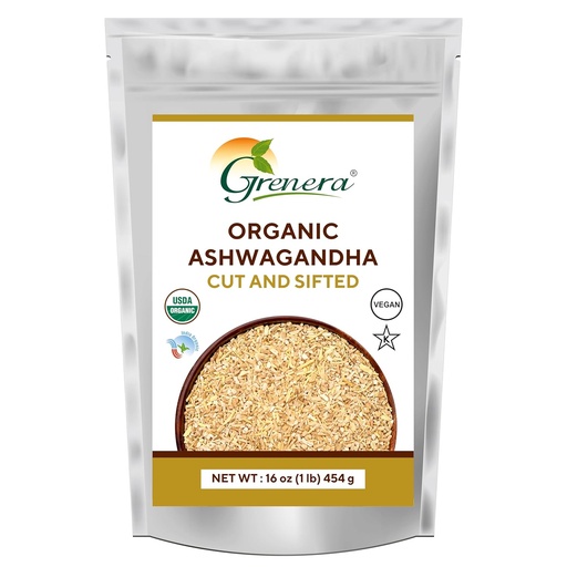 [BRSROAYDCJYBE3DK] Grenera Organic Ashwagandha Root Cut un Sifted 1 lb, Witania Somnifera USDA Sertificēts 3 līdz 5 mm Izmērs, Labākais, lai padarītu augu tēju