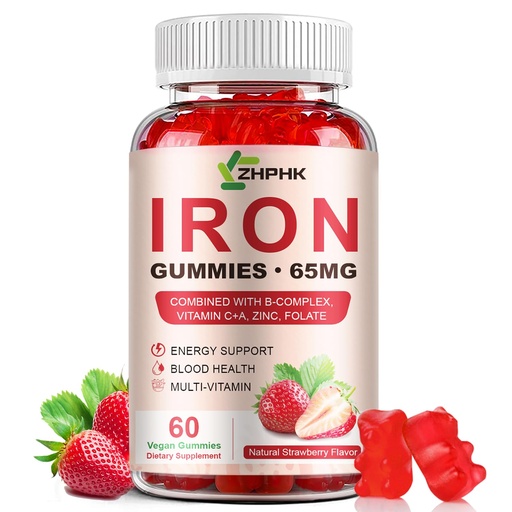 [BRSRAFIFAUCWC2Q3] ZHPHK Iron Supplement Gummies, 65mg Iron for Women Men Kids, Natural Vegan Iron Gummy with Folate Gentle on Stomach, Gluten Free, Energy Support & Immune Health, 60 Gummies
