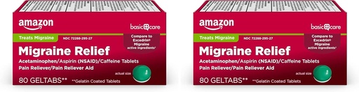 [BRSRAGT7C56RYDTH] Oinarrizko Arreta Migraina Erliebe Geltaboak, Acetaminophen, aspirina (NSAID) eta Caffeine, 80 kondea (Pack of 2)