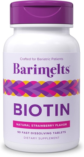 [BRSWIHICBR4BWFDG] BariMelts Biotin 5000mcg, 90 Бързоразтварящи се таблетки (3-month Supply), Без захар Бариатрични Витамини за жени, Природен Ягодов аромат