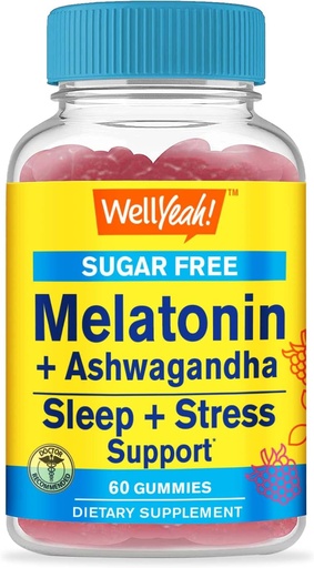 [BRSW2HA6BECQIADB] WellYeah Melatonin (2mg) with Ashwagandha (850mg) Sugar Free Gummies - Sleep & Stress Aid Supplement - with Chamomile, Lemon Balm, Lavender, and Valerian - Natural Sourced Flavor - 60 Count