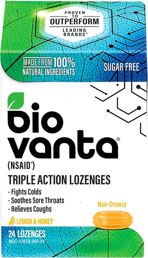 [BRSWYAQYO4HQY3Q6] Biovanta Natural Ingredients Sugar-Free Lozenges for Cough, Cold and Sore Throat, 24 Lemon Honey Throat Lozenges