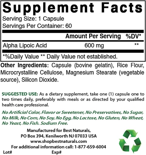 [BRSRMAI7BVYBGDYY] Best Naturals Alpha Lipoic Acid 600 mg & B-100 Complex