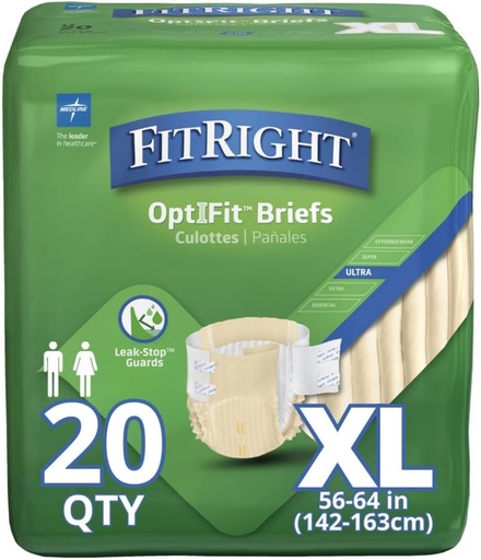 [BRSWIGIBCYCBMGDM] FitRight aikuisvaipat, Ultra Heavy Absorbency, XL (Waist kokoa 56in-64in), 80 Count, OptiFit incontinence Briefs miesten ja naisten, kertakäyttöinen, Kosteus-Wicking, Vuotosuojaus,