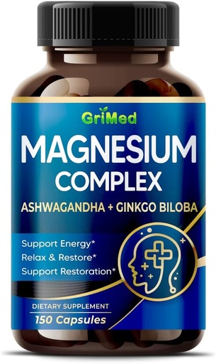 [BRSROGT2OIDWK237] Magnesio Konplexua 8,600mg - x8 Power Ashwagandha + Ginkgo Biloba - Erlaxatu eta berrezartzea, atseden hartzea - USA Made & Tested (150 kondea 1)