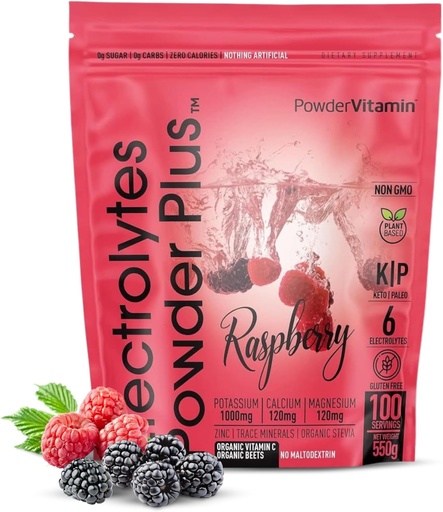 [BRSRMH34OJ7Q4AA7] אבקהVitamin Electrolytes אבקת פלוס (100 משרתים) אבקת Raspberry Electrolyte, Zero Calorie, Keto, 0 סוכר, No Maltodextrin, 1000mg פוטיאום, 120 מ"ג Calcium, 120 מ"ג מגנזיום, אבקת הידרה אנרגיה