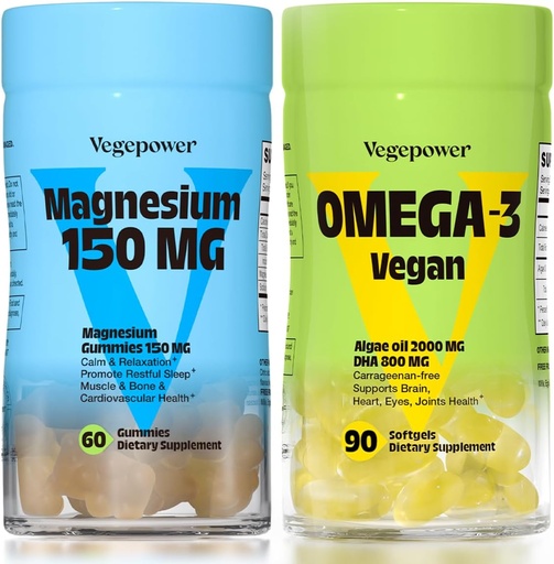 [BRSRAZI7CFYQE23B] Vegan Omega-3 + Magnesium Gummies | Algae Omega-3 800mg DHA Supplements for Brain, Heart Eyes Health- 90 Count | 150mg Magnesium Citrate Gummies for Adults and Kids Calm Sleep, Relaxation