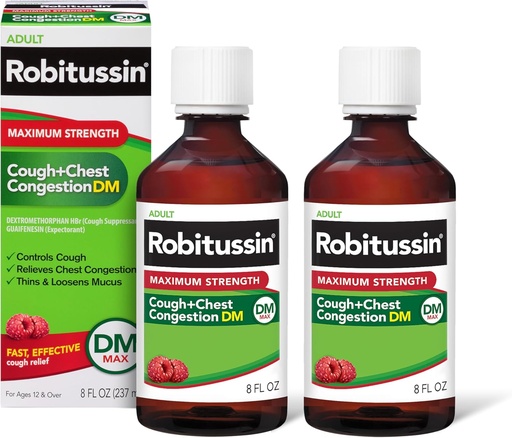 [BRSRM2QTA4NBY3DG] Robitussin Adult Maximum Strength Cough Plus Chest Congestion DM Max, Cough Suppressant and Expectorant, Raspberry Flavor, 8 Fl Oz x 2