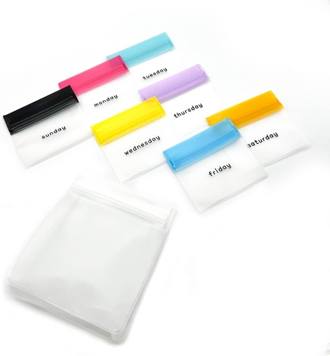 [BRSRMCY5CEPAKA35] EZY DOSE Reusable 7-Day Pill Pouch Set, Durable Multi-Purpose Travel-Sized Baggies, Includes Days of The Week Labels w/Color for Easy Identification, Silicone Storage, Clear, BPA Free, TSA Approved