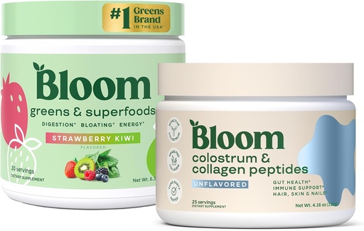 [BRSRAZARBAGRA3TB] Bloom Nutrition Superfood Greens Powder, Enzymes Digestivos con Probióticos y Prebióticos, Gut Health, Bloating Relief, Strawberry Kiwi + Bovine Colostrum Powder ← Pure 40% IgG Premium Colostrum