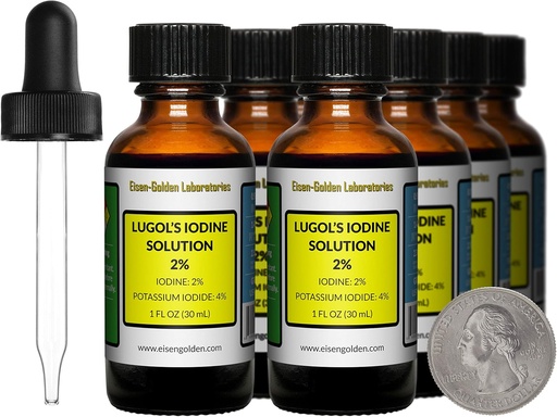 [BRSWYZA2BMMGEEY6] Lugol's Iodine / 2% Solution / 8 Oz in Eight Amber Glass Bottles/Free Droppers