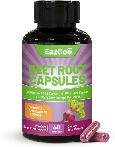 [BRSROFINPN6WAH3X] Beet Root Capsules 1000mg Per Serving, Supports Nitric Oxide Production & Blood Pressure, with Black Pepper Extract, Non-GMO, Gluten Free, Vegan - 60 Counts