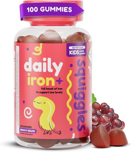 [BRSWGGL7DJ4BMALG] Squiggles Kids Daily Iron+ Gummies - Chewable Supplement with Iron, Multivitamin for Children, Low Sugar, Vegan, Toddler Gummies, Yummy Grape Flavor (100 Count)