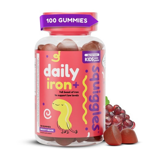 [BRSWGGL7DJ4BMALG] Squiggles Kids Daily Iron+ Gummies - Chewable Supplement with Iron, Multivitamin for Children, Low Sugar, Vegan, Toddler Gummies, Yummy Grape Flavor (100 Count)