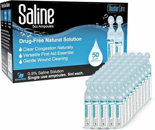 [BRSRAYYODIFW2HL3] Saline Ampoules - Saline Lösning för Nebulizer, Natriumklorid 0,9%, Nasal Cleanse för spädbarn, barn och vuxna, Sterile Nasal Care, sår rengöring - 50 greve (5ml vardera)