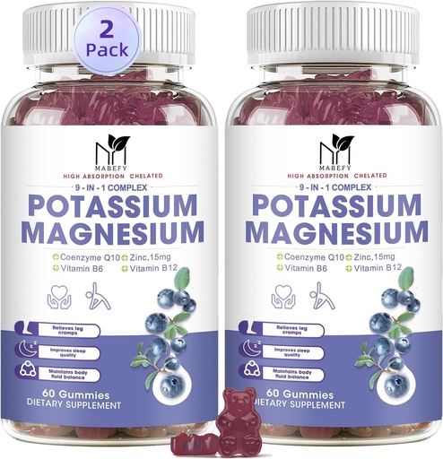 [BRSROAQRAQNWAEYV] 2 Pack Potassium Magnesium Gummies, Sugar-Free Potassium Gummies med Magnesium Glycinate 500mg Chewable Magnesium Potassium Supplements med Calcium, Zink, Vitamin för Leg Cramps & Muscle