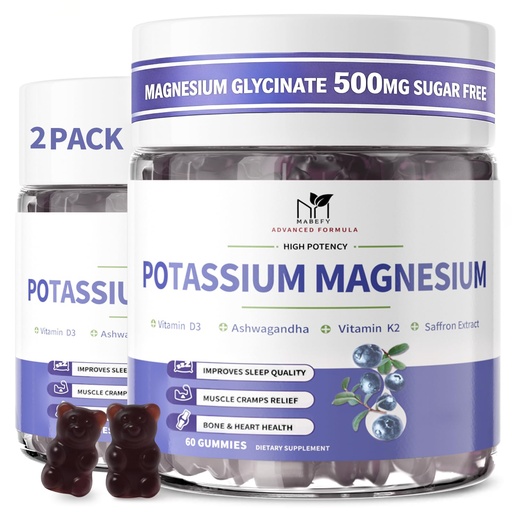 [BRSROAQRAQNWAEYV] 2 Pack Potassium Magnesium Gummies, Sugar-Free Potassium Gummies with Magnesium Glycinate 500mg Chewable Potassium Magnesium Supplements with Calcium, Zinc & Vitamins to Support Leg Muscle Relaxation