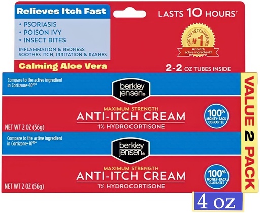 [BRSWGGADCQGQKF3U] Berkley Jensen Crème anti-démangeaison maximale (4 oz), avec Aloe Vera calmante, 1% Hydrocortisone Démangeaison Relief pour Eczema, Psoriasis, Bug Bites, Poison Ivy, Chêne et Sumac, 2 oz. Tube (paquet de 2)