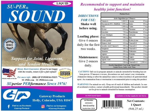 [BRSWIZYOCQPGEEL2] SU-PER Sound Joint Horse Supplement - Support for Joint, Ligament, and Tendon Health - Horse Vitamins and Minerals, Glucosamine, MSM, Bromelain, Amino Acids, Lysine - 1 Quart, (2 Pack)