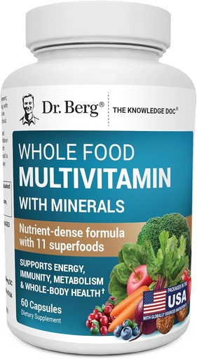 [BRSROYYTCUJRUA3L] Dr. Berg Whole Food Multivitamine met Mineralen - Dagelijkse Multivitamine voor mannen en vrouwen - Inclusief Premium Whole Food Fruits en Plantaardige Blend met Folaat, Alfa-lipozuur en meer - 60 Capsules