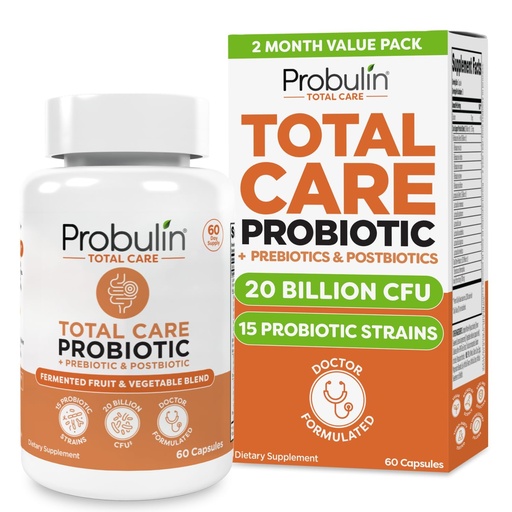 [BRSRAYIDPJ6B62TP] Probulin Total Care Probiotic Supplement, Daily Gut, Digestive, and Immune Health Probiotics Capsules for Men and Women, 20 Billion CFU, Vegan, 60 Count Bottle