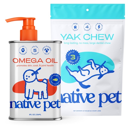 [BRSRMHQEOZ4GK3TU] Native Pet Omega Oil for Dogs - Dog Fish Oil Supplements 8 Oz & 3 Large Yak Chews for Dogs | Pasture-Raised and Organic Yak Cheese Himalayan Churpi Chews