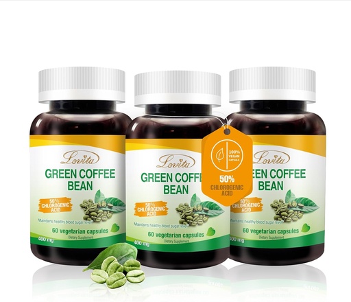 [BRSWGAADCR5QIHLA] Lovita Green Coffee Bean Extract, 50% Hlorogēnā skābe vielmaiņas, enerģijas un svara kontrolei, 800 mg dienā, Vegan, No-GMO, bez lipekļa, dabīgs antioksidants, 180 kapsulas