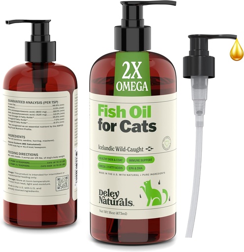 [BRSWGY37BMCB4YA4] Deley Naturals Wild Caught Fish Oil for Cats with 2X Omega - Cat Fish Oil with Highest EPA & DHA Potency - Omega 3 for Cats for Shedding, Skin, Coat, Joints, Heart and Immune System - Made in The USA