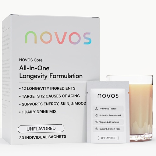 [BRSRAHDROUNBEHLF] NOVOS Core Longevity Mix, Συμπλήρωμα κατά της γήρανσης, Πακέτο σκόνης ποτών Άγευστη - Υποστήριξη του δέρματος, ενέργεια, υποστήριξη Mood, Sleep and Cognition Υποστήριξη - 30 Υπηρεσίες