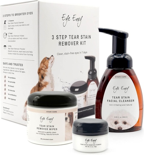 [BRSW2GIHCUHAOH36] Eye Envy 3 Step Tear Stain Remover Kit for Dogs | Clean, Stain-Free Eyes in 7 Days | Contains: Cleanser 8.45 fl.oz, Wipes 60 Count and Powder 0.5oz | Non-irritating and Natural