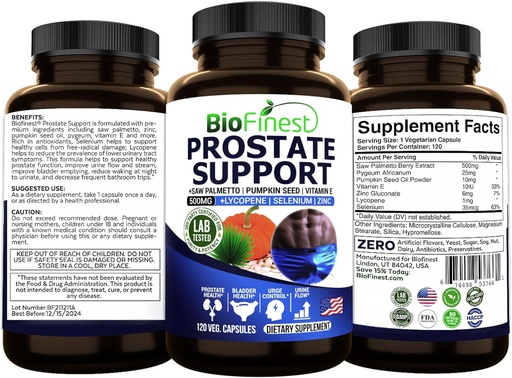 [BRSROAT3PINB4E3P] BioFinest Prostate Support for Men - Saw Palmetto Lycopene Pumpkin Seed Pygeum Zinc Selenium - Healthy Urine Flow Bladder Prostate Vitamin Supplement - Made in USA (120 Veg. Capsule)
