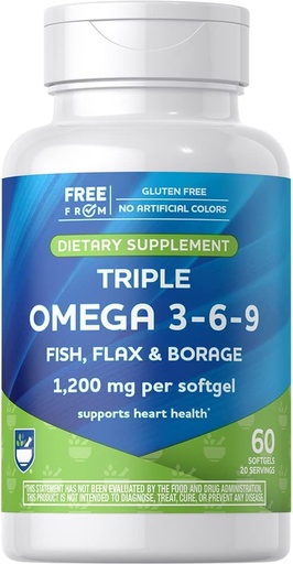 [BRSROY34BB7GMDY7] Rite Aid Triple Omega 3, 6, 9 Softgels - 60 Count Fish Oil to Support a Healthy Heart, DHA and EPA, Flaxseed and Borage Oil