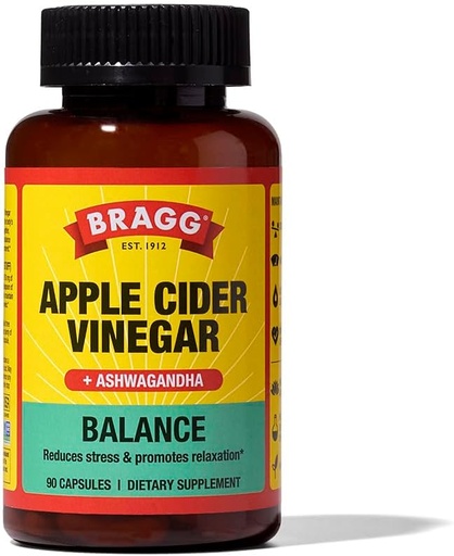 [BRSRMHYCDIBAK3LZ] Bragg Daily Balance Apple Cider Vinegar and Sensoril Ashwagandha Capsules - 750mg of Acetic Acid - Energy &apos; Weight Management Support - (90 Pills)