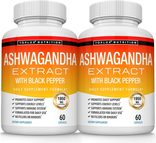 [BRSWGAI5BZYBUCQU] Organic Ashwagandha Root Powder Pills 1950 Mg with Black Pepper Extract - Pure Natural Ashwagandha Supplement, Support Energy, for Men Women, 60 Capsules