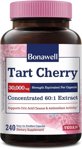 [BRSRAHT4OQFQMCD4] Bonawell Tart Cherry 60:1 Extract, 30000mg Strength, Made from Montmorency Tart Cherries, Powerful Uric Acid Cleanse, 8 Month Supply, 240 Capsules
