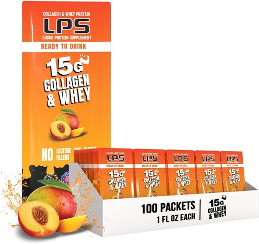 [BRSWYGQ2CMCWAAIY] Nutritional Designs LPS Liquid Collagen & Whey Protein Supplement - Non-GMO Drink, Sugar-Free - Promotes Healthy Skin & Hair for Men & Women, Peach Mango, Single Serve (100 Packets)