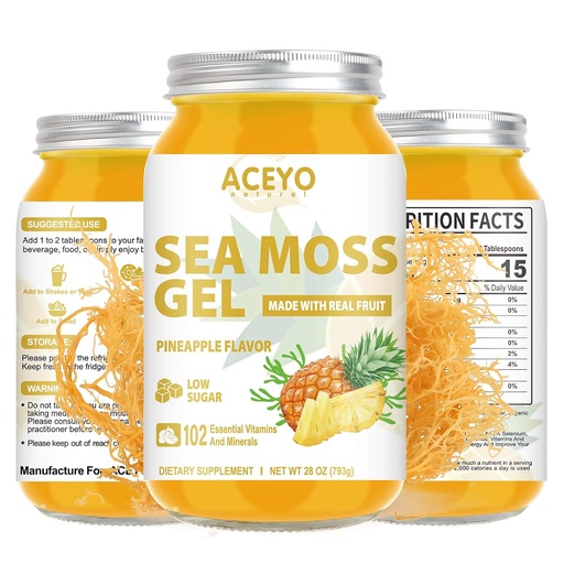 [BRSROHT3OQIAODQU] (28 OZ) Gel de mousse de mer Aromatisé Irlandais cru Gel naturel Ananas végétalien 102 Vitamines et minéraux Wild Harvested Non-OGM.