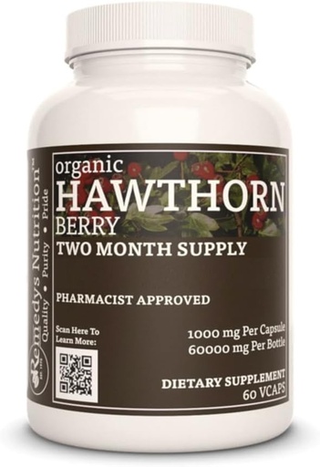 [BRSWYZ3YBUHBEDL6] Remedys ernæring Hawthorn Berry 1000 mg, 60 Vegan Capsules Herbal kosttilskudd | To måneders forsyning