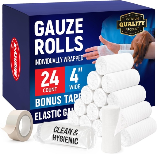 [BRSWGGQBB55AG2DA] Gauze Rolls - 24 Pack - 4 "x 4.1yd Breathable Rolled Gauze - Individuellt inslagna med Bonusband - Första hjälpen som överensstämmer med Stretch Wrap för sår - Mummy Wrap