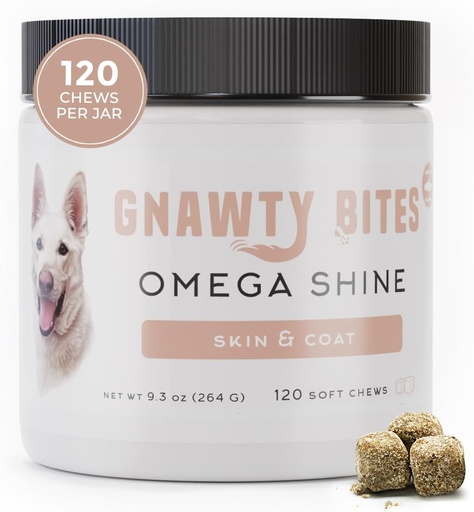 [BRSRMCA3DJ6AGCAY] Gnawty Bites Omega Shine | Dog Skin and Coat Supplement for Healthy & Lustrous Coat with Omega 3-6-9 & Fish Oil | Dry, Irritated, & Itchy Skin Relief for Dogs, 120 Soft Chews