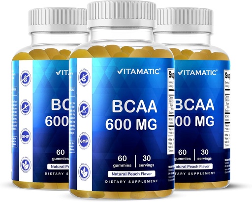 [BRSROZQCAB7WGCD3] Vitamatic BCAA Gummies - Branch Chain Amino Acid Supplements - Peach Flavor - 600mg per Serving - 60 Vegan Pectin Based Gummies (3 Bottles)