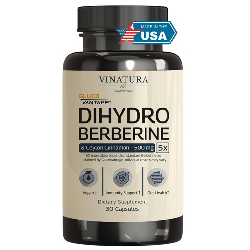 [BRSRAEITCMORSFLV] VINATURA Dihydroberberine Supplement with Ceylon Cinnamon, 500mg - (Patented GlucoVantage Super Berberine), Maybe Berberine 5X More absorbable - 30 Capsules