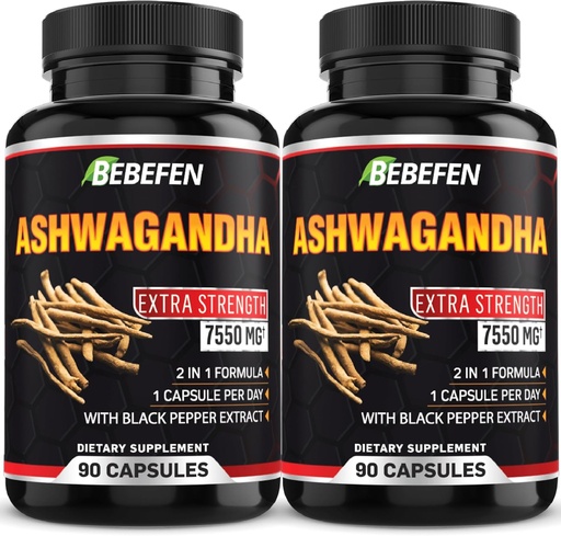[BRSRAFDYBAMWM3T7] BEBEFEN Ashwagandha Capsules - 7550mg Formula Pills with Black Pepper Extract - 90 Capsules Ashwagandha Supplement for Energy Support - 3 Month Supply (Pack of 2)