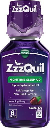 [BRSWIZIZCINBCHDK] ZzzQuil, Nacht slaaphulp vloeistof, 50 mg diphenhydramine HCl, nr.1 slaaphulp merk, vallen slapen snel, niet-habit vormen, opwarmen Berry smaak, 6 FL OZ