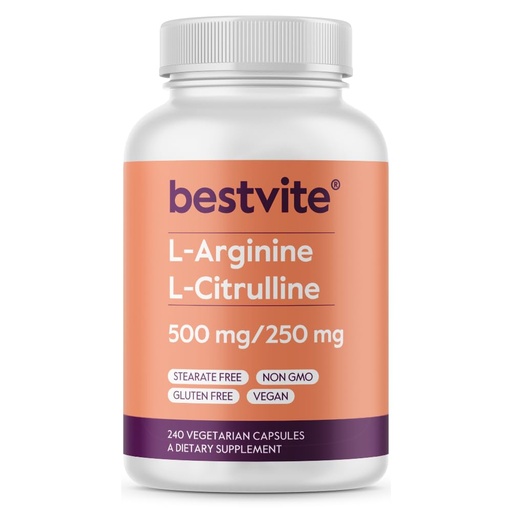 [BRSWYYI6OAIBEHYZ] BESTVITE L-Arginine L-Citrulline 500mg / 250mg Vegan (240 Vegetarian Capsules) - No Stearates - No Dicalcium Phosphate - Non GMO - Gluten Free